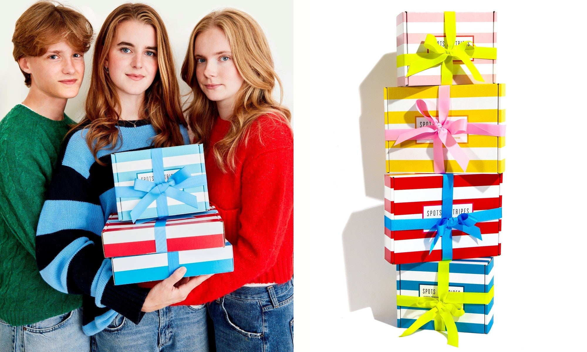 Three Teens Holding Stripy Gift Boxes, With a stack of stripy gift boxes on the right 