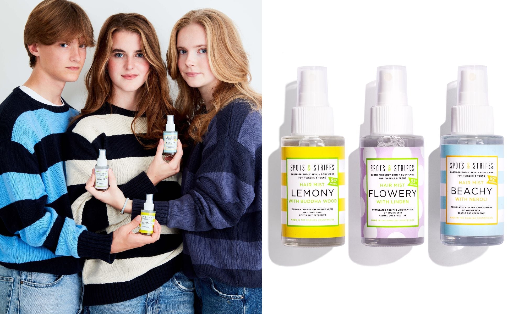 2 girls and 1 boy all with nice hair, holding a bottle of Hair Mist each